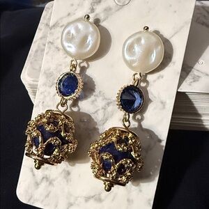 NEW blue and gold tone, baroque style dangle earrings